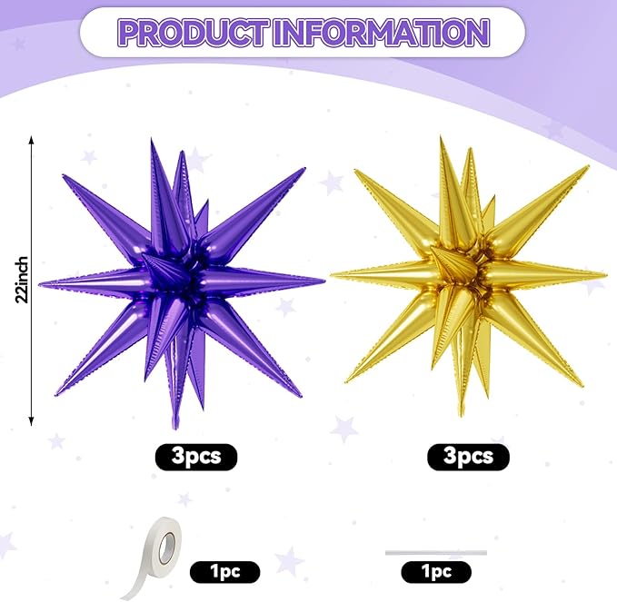 6PCS Star Balloons, 22Inch Large Purple Gold Star Balloon Explosion Foil Balloons Cone Spike Balloon for Birthday Graduation Wedding Anniversary Party Backdrops Decorations