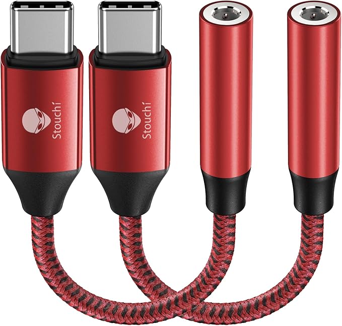 Stouchi USB C to 3.5mm Female Adapter 2 Packs, Type C Headphone Audio Jack Cable Cord Hi-Fi Dongle for iPhone 17/16 /15, Pixel 9/8 /7/6, iPad, Samsung Galaxy S25 S24 S23 Ultra - Red