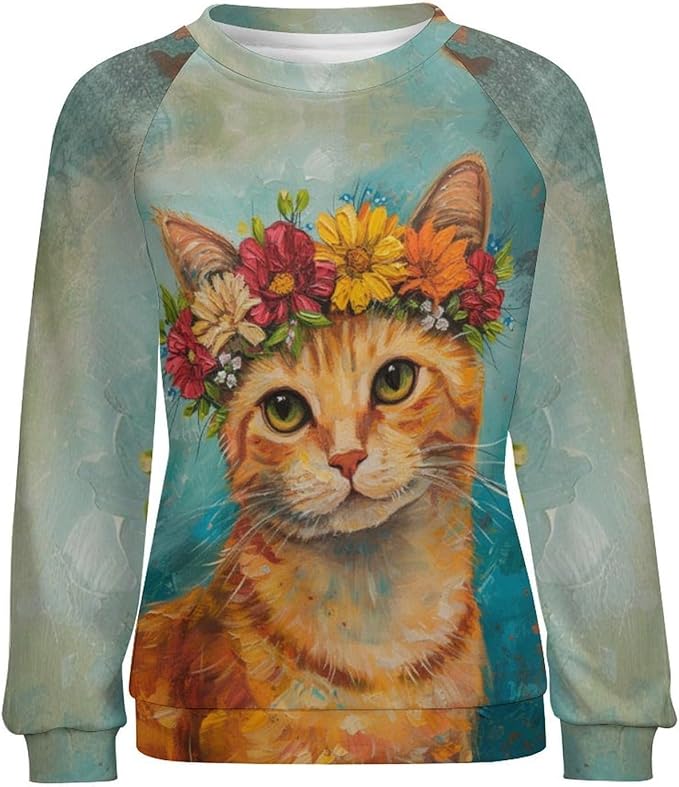 Sweatshirt for Women Cat Print Fashion Funny Plus Size Ladies Dressy Crewneck Casual Trendy Tee Shirts