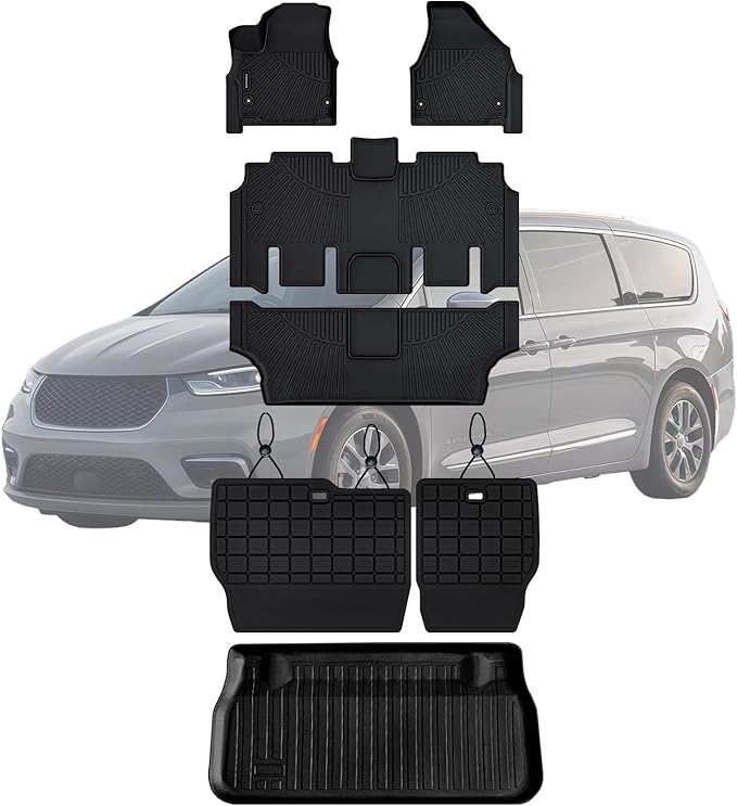 Floor Mats, Trunk Liner & Backrest Mat for 2017-2024 2025 Chrysler Pacifica Gas Touring 7/8 Seat (Non Hybrid & Non Pinnacle) Customized TPE All Weather Car Floor Liners with Backrest Protection Black