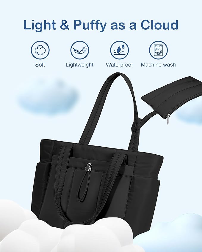 TOPDesign Puffy Tote Bag for Women with Cup Holder & Laptop Compartment & Cosmetic Bag & Trolley Sleeve for Work, Travel