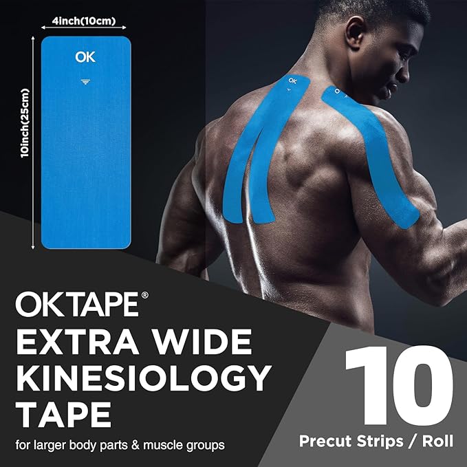 OK TAPE Extra Wide Kinesiology Tape, Precut K Tape Strips, Elastic Physical Therapy Athletic Tape for Pain Relief & Joint Support | Back, Shoulder, Knee (4" x 10" - 10Pcs) Blue