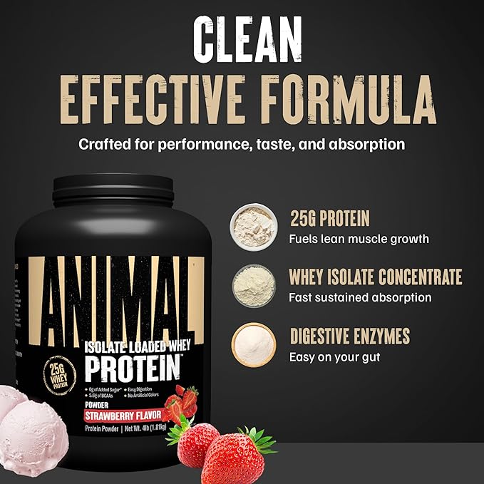 Animal Whey Isolate Protein Powder - Loaded for Pre & Post Workout Muscle Builder and Recovery with Digestive Enzymes for Men & Women - 25g Protein, Great Taste, Low Sugar - Strawberry 4 lbs