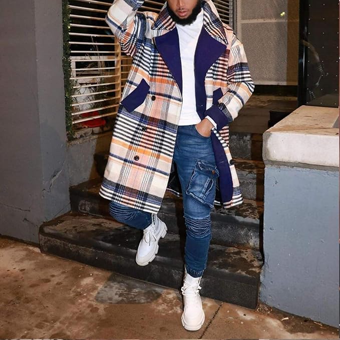 Men's Plaid Long Trench Coat Mid - Length Lapel Collar Button Down Warm Overcoat for Winter & Autumn Fashion
