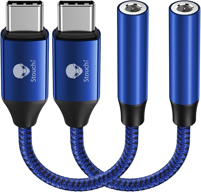 Stouchi USB C to 3.5mm Female Adapter, Type C Headphone Audio Jack Cable Cord Hi-Fi Dongle for iPhone 17/16 /15, Pixel 9/8 /7/6, iPad, Samsung Galaxy S25 S24 S23 Ultra -Blue 2 Packs