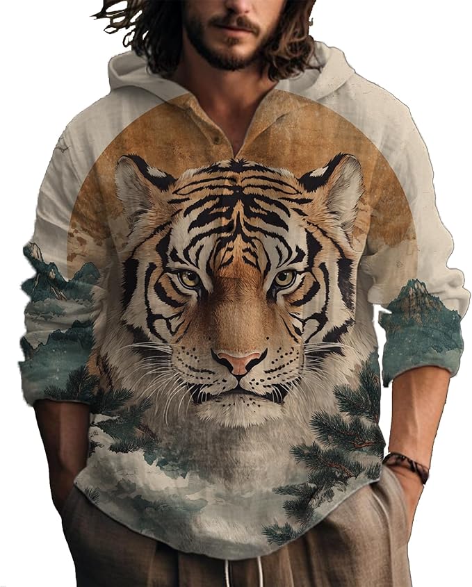 MARSVOVO Hooded Long Sleeve Shirt Men Fashion Graphic Button Up Lightweight Big and Tall Casual Vacation Shirts for Men