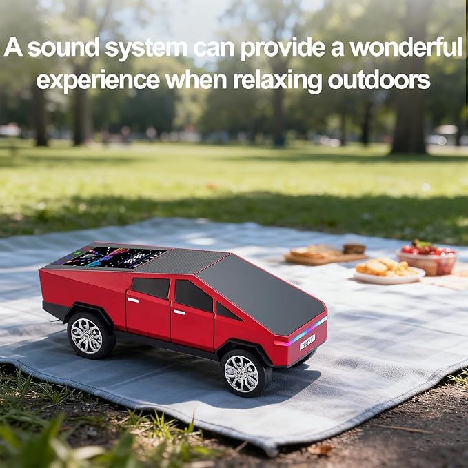 Futuristic Pickup Truck Bluetooth Speaker with LED Display Screen – TWS Stereo, FM Radio, USB/TF Playback, LED Headlights, Built-in Mic, Gift for Truck Fans, Auto Style Lovers&Tech Collectors (Red)