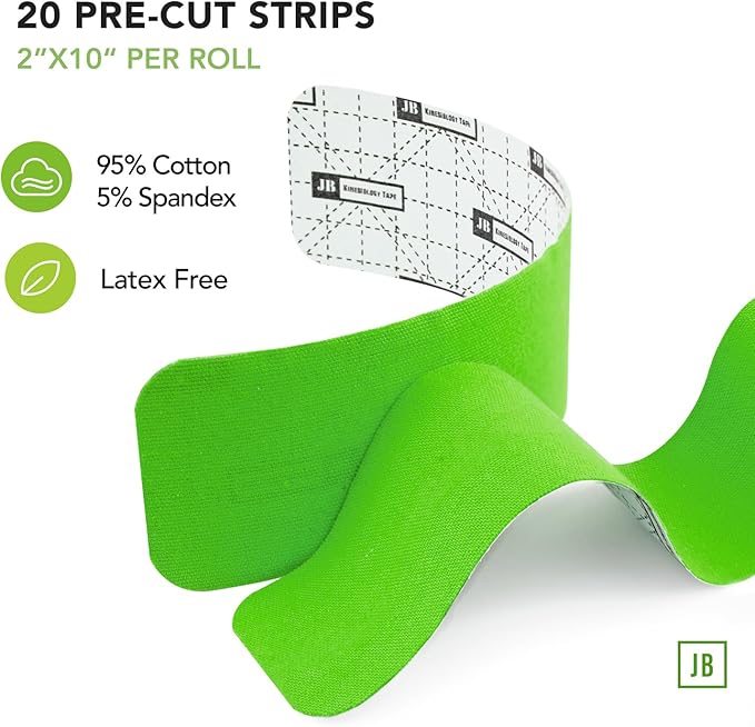 June Bugz Enterprises JB Tape Kinesiology Tape – 80 Precut 10-Inch Strips – Green – Elastic, Latex-Free, Water Resistant – Athletic Muscle & Joint Support – 4 Rolls