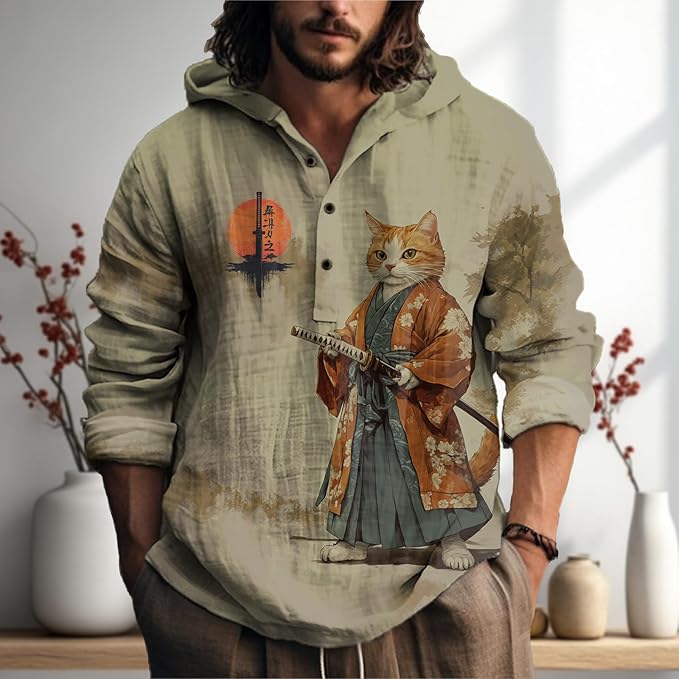 MARSVOVO Mens Japanese Art Long Sleeve Hooded Shirts Lightweight Quarter Button Hoodie Casual Cool Tops for Spring Fall