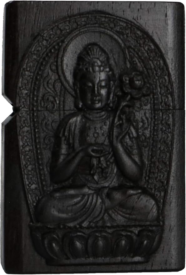Natural Ebony Black Wood Carved Lighter Shell Box For Zippo Module (Protector Deity/Mahasa Boddhisattva)