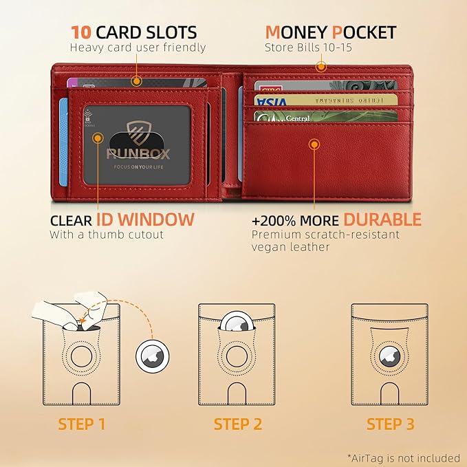 RUNBOX AirTag-Wallet-Mens-Slim-RFID Blocking Wallets Leather with Bill Compartment Air Tag Bifold Card Holder Wallet Gifts for Men Dad