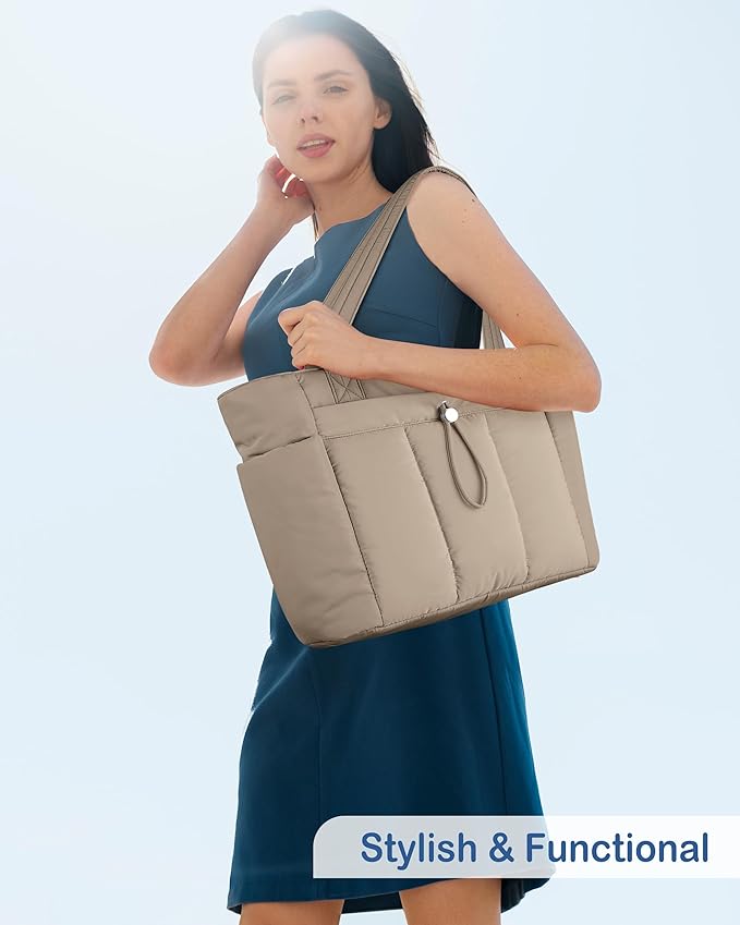 TOPDesign Puffy Tote Bag for Women with Cup Holder & Laptop Compartment & Cosmetic Bag & Trolley Sleeve for Work, Travel
