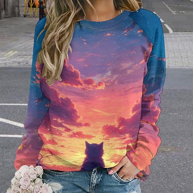 Long Sleeve Shirts for Women Cat Printed Fall Winter Dressy Holiday Casual Fashion Crewneck Tunic Tee Shirts