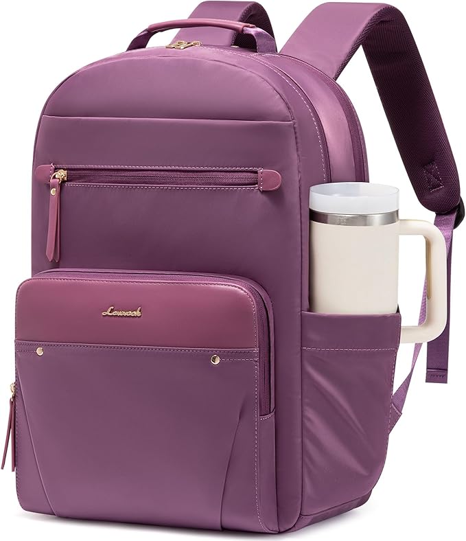 LOVEVOOK Laptop Backpack for Women with 2X Extra-Large Tumbler Pockets, 15.6" Work Backpack Purse, Travel Personal Item Bag, Carry On Business Computer Bag for Office, School, or Gift, Lustrous Plum