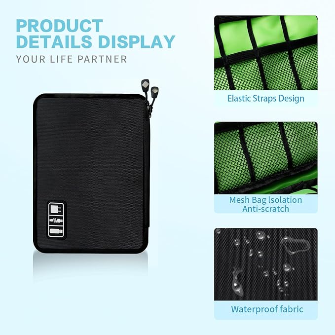 Electronics Travel Organizer,Portable Waterproof Electronic Travel Storage Bag for Small Charging Cord Storage,Charger,SD Card etc,for Travel,Business -Black Green