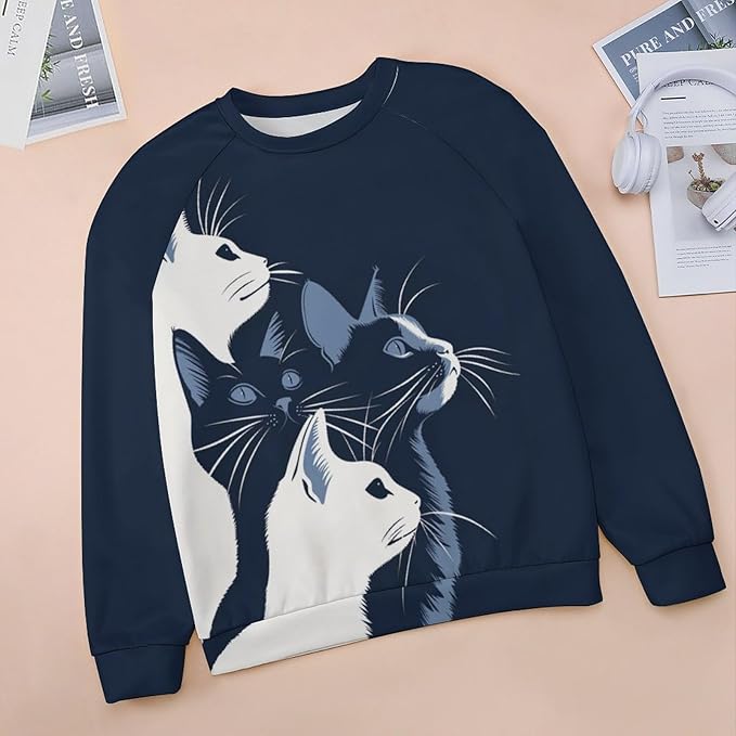 Long Sleeve Shirt Women Fall Cat Print Funny Hide Belly Vacation Plus Size Ladies Hippie Dressy Sweaters