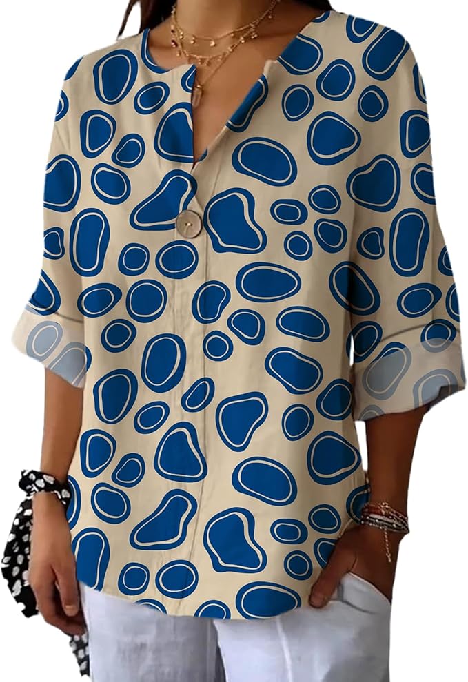 Fashion Shirts for Women Loose Fit Button Down V Neck Blouse 3/4 Sleeves Casual Tunic Tops Summer Outfits