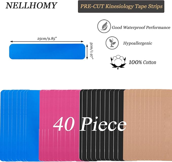 Kinesiology Tape Precut-40 Strips | Elastic Cotton Athletic Tape for Joints Support & Muscle Pain Relief-2inch x 10inch| Hypoallergenic & Waterproof K Tape for Ankle Knees Running Any Activity(Mix-4)