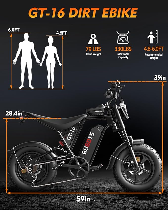 Electric Bike for Adults, 16"/20" Fat Tire Dirt EBike, Peak 1200W/1500W Motor, 48V Removable Battery, Up to 31/34MPH & 80 Miles, Dual Disc Brakes, 7-Speed Gear, Off-Road & City Commuting