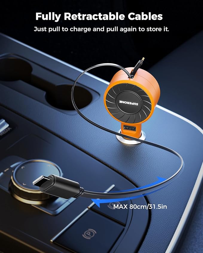 SUPERONE 3-in-1 Car Charger with Retractable Cords, USB C Charger Car Adapter Compatible with iPhone 17/16/15/14/13/12/11 Pro Max Samsung Android Phones