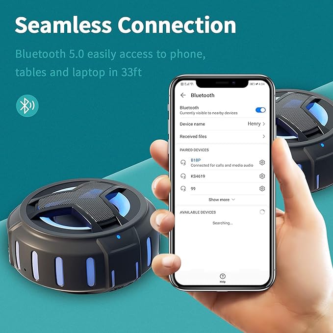 EBODA Bluetooth Shower Speaker, Portable Bluetooth Speakers, IP67 Waterproof Wireless Speaker with LED Light, Floating, 2000mAh, True Wireless Stereo for Kayak, Beach, Gifts for unisex -Black