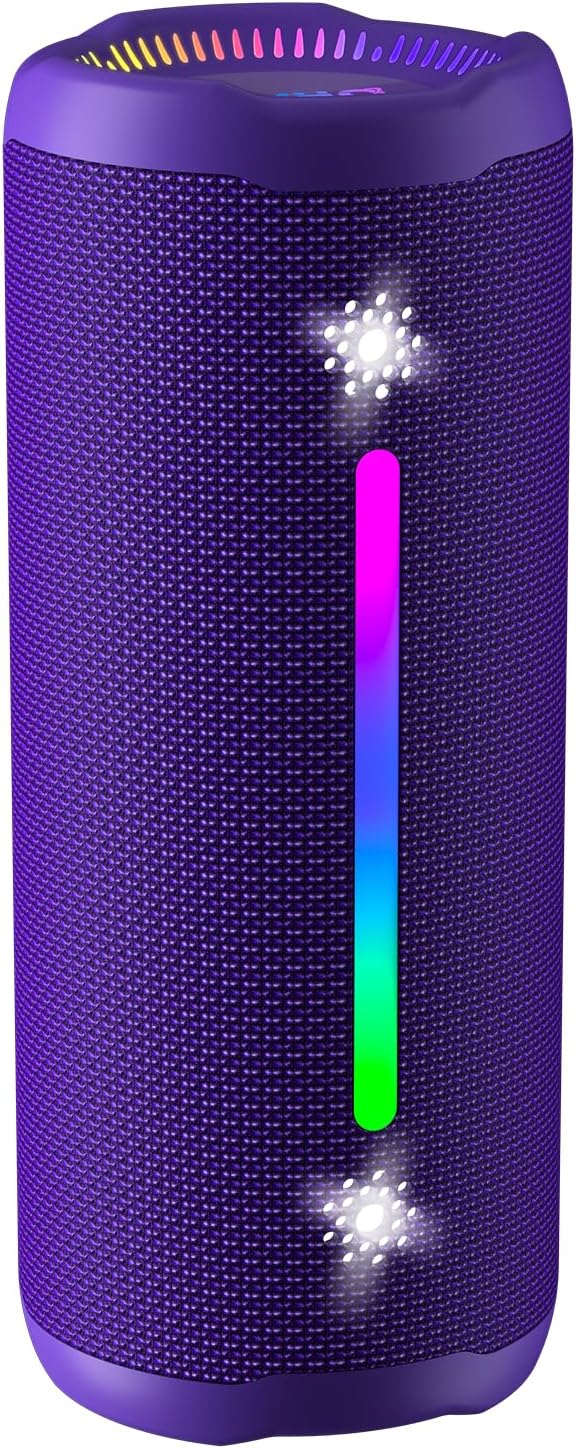 OHAYO Bluetooth Speaker, Portable Wireless, IPX7 Waterproof, Powerful 25W Sound, 24H Playtime, Dual Pairing, Active Bass, Colorful Lights, Bluetooth 5.3, Outdoor Speakers for Home/Party/Beach, Purple