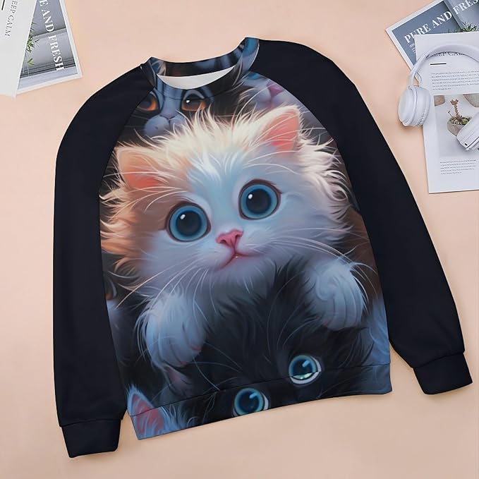 Long Sleeve Shirt Women Fall Cat Print Funny Hide Belly Vacation Plus Size Ladies Hippie Dressy Sweaters