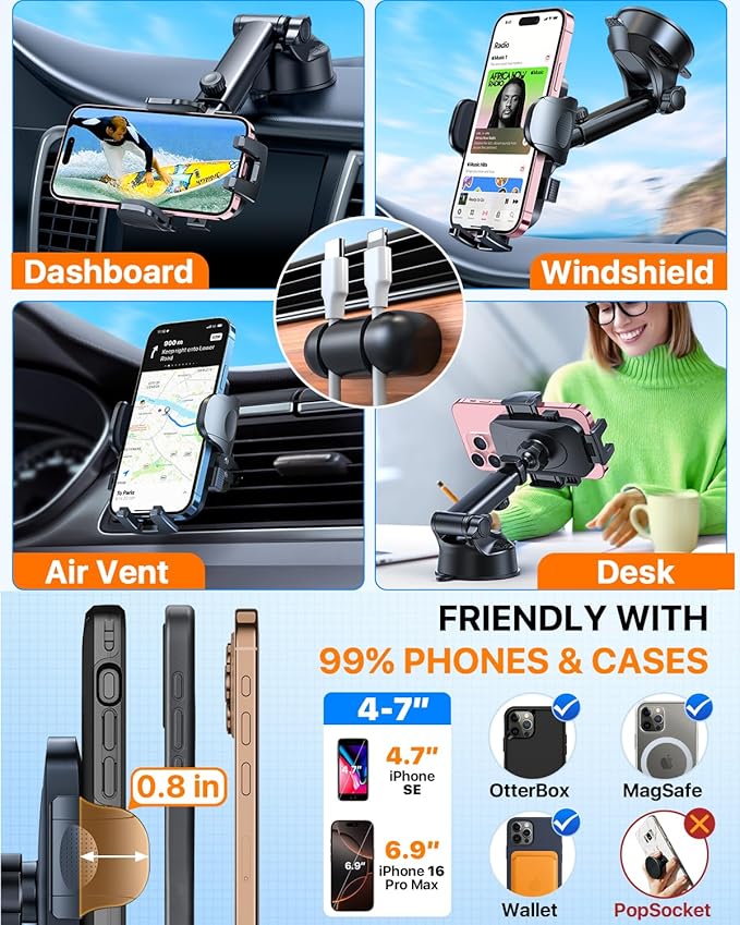 2026 Ultimate Best【True Military-Grade & Safety Cert】Car Phone Holder HTU【Upgraded 5-in-1 & 100+LBS Strongest Suction】360 Rotation Truck Windshield Dashboard Vent Mount Stand for iPhone Android, Red