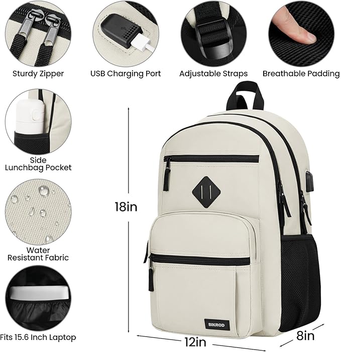 BIKROD Backpack for Girls Women, School Backpack for Teen Boys, Lightweight Casual High School Bookbag, Daily-use Travel Laptop Backpack with USB Charging Port Fits 15.6 Inch Notebook