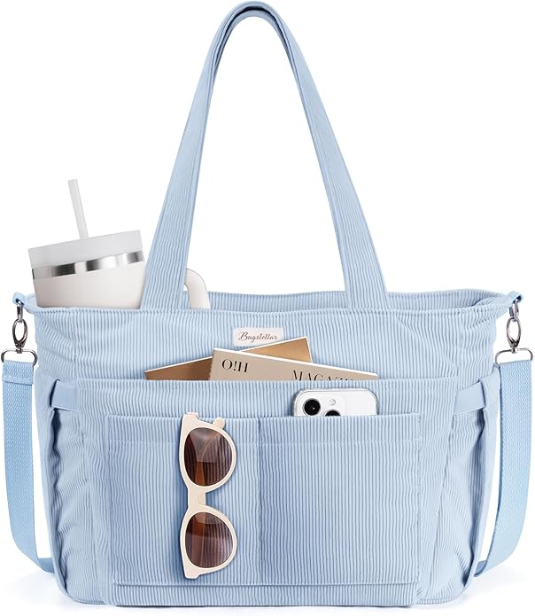 Corduroy Tote Bag for Women, 17 Pockets Laptop Work Tote Lightweight Teacher Nurse Bible Shoulder Bag for School Daily Travel