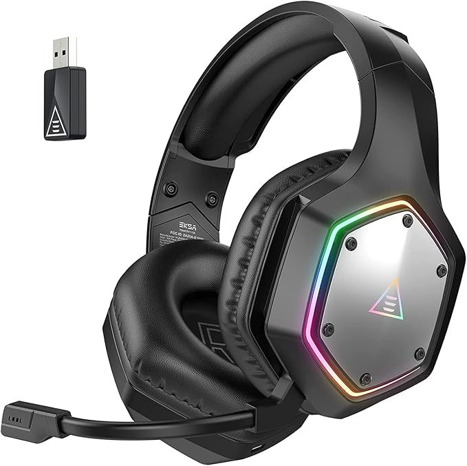 EKSA Wireless Gaming Headset, 2.4GHz USB Gaming Headphones with Microphone for PC, PS5, PS4, Nintendo Switch, 7.1 Surround Sound PC Headset, RGB Light, Ergonomic Design, 3.5mm Wired for Xbox Serie