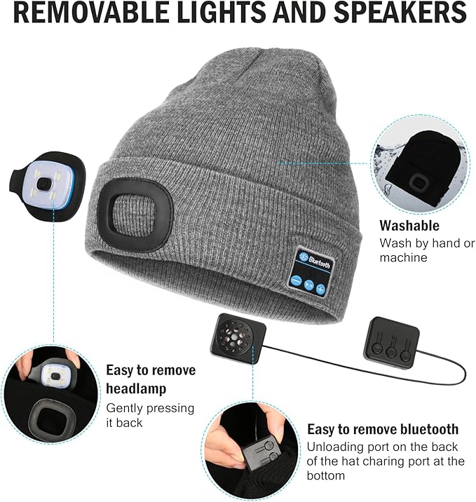 CENSGO Bluetooth Beanie with The Light, Unique Tech Gifts for Men Husband Him Teen, Wireless Headphones for Fishing Jogging Working, Christmas Stocking Grey