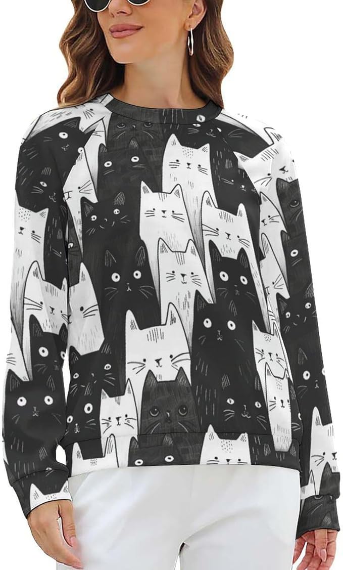 Long Sleeve Shirt Women Fall Cat Print Funny Hide Belly Vacation Plus Size Ladies Hippie Dressy Sweaters