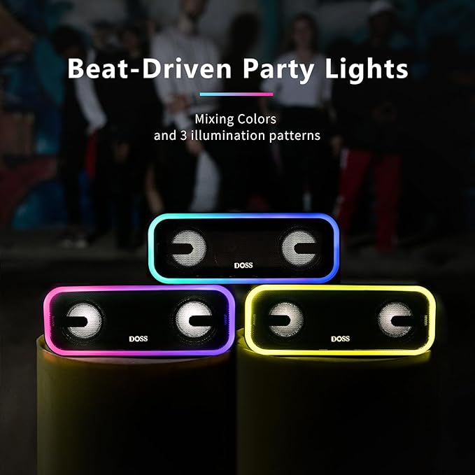 DOSS SoundBox Pro+ Bluetooth Speaker, Immersive 24W Stereo Sound with Booming Bass, IPX6 Waterproof, 15H Playtime, Mixed Colors Lights, Wireless for Backyard, Hiking, Garage, Party-Grey