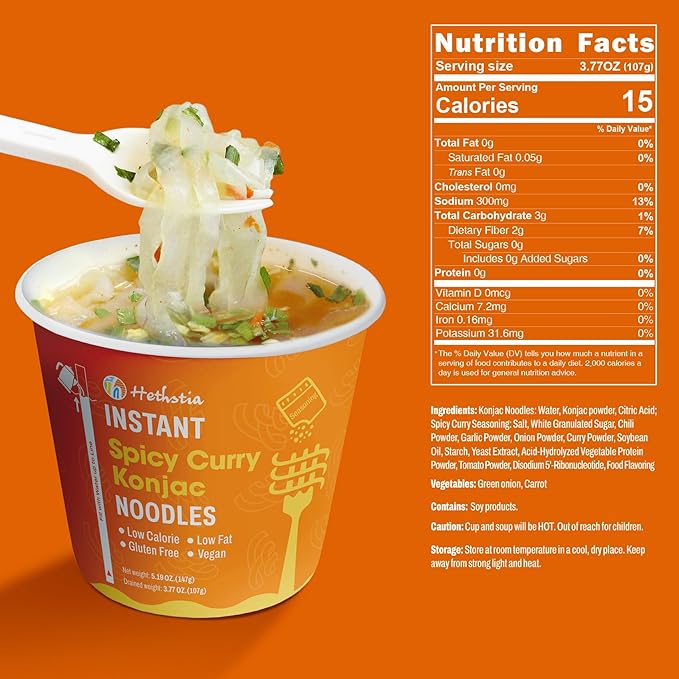 Hethstia Konjac Noodle Soup, 6-Pack Instant Shirataki Noodle Spicy Curry Cups – Low Carb, Vegan, Keto, Gluten-Free, Ready-to-Eat Asian Pho, Low-Calorie Quick Meal, 34.32oz