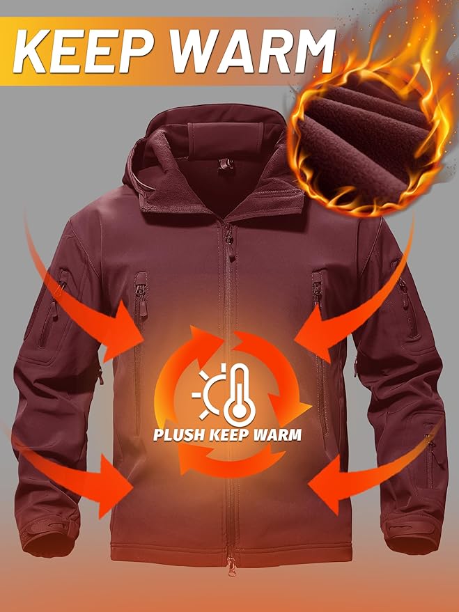 TACVASEN Men's Special Ops Military Tactical Soft Shell Winter Warm Fleece Lined Jacket Rain Hood Coat Hiking Snowboard