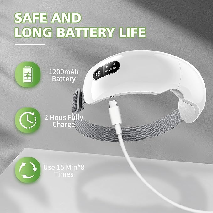 NOWWISH Eye Massager with Heat, Vibration and Bluetooth Music for Migraine Headache Eye Strain Relief, Cordless Heated Eye Mask with 4 Massage Modes, Relaxation -Christmas Gifts for Women Men -White