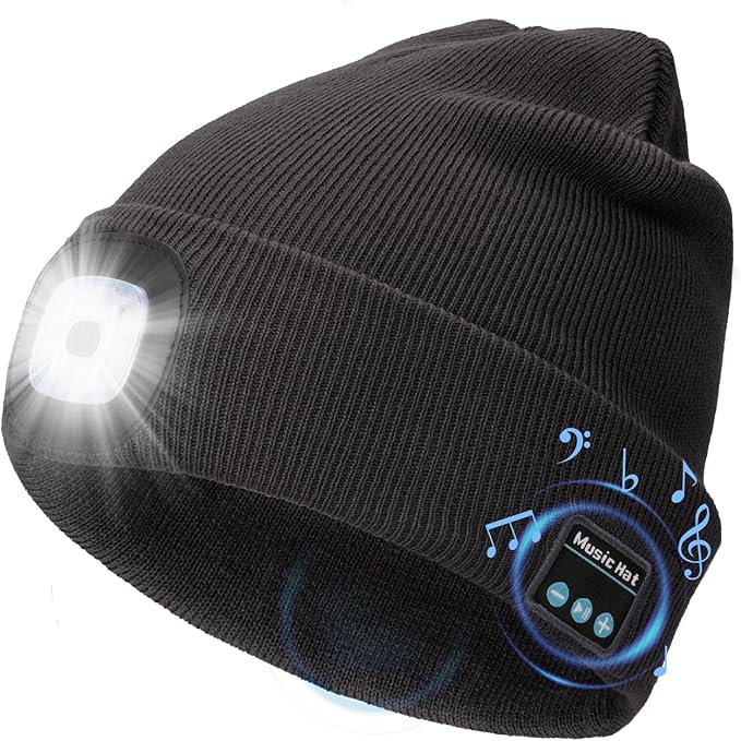 CENSGO Bluetooth Beanie with The Light, Unique Tech Gifts for Men Husband Him Teen, Wireless Headphones for Fishing Jogging Working, Christmas Stocking Dark Grey
