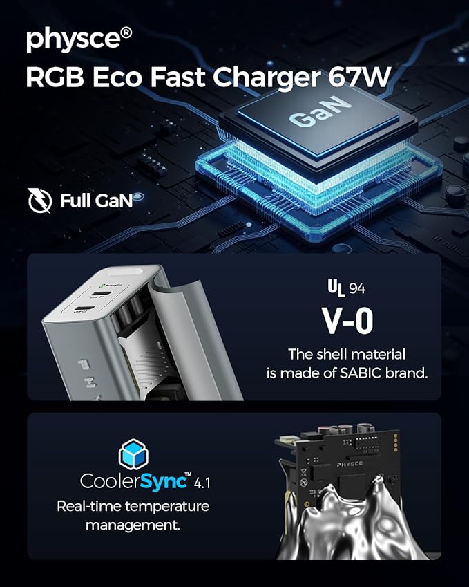 67W USB C Charger, RGB Eco Fast 2-Port Type C Charger, Compact Foldable Power Adapter for iPhone 17/16 Series, MacBook, Galaxy, iPad Pro, Apple Watch (Webb Gray)