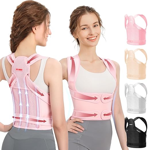 Fit Geno Back Brace and Adjustable Posture Corrector And Trainer for Women and Men, Back Straightener, Scoliosis and Hunchback Correction, Back Pain, Spine Support, Pink, Small (Waist 25-33 Inch)