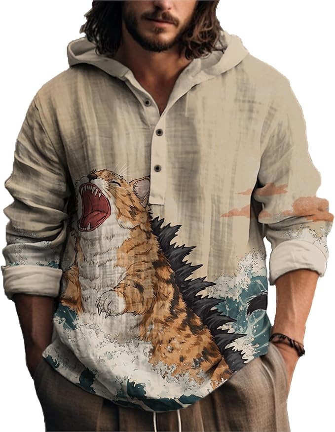 MARSVOVO Mens Japanese Art Long Sleeve Hooded Shirts Lightweight Quarter Button Hoodie Casual Cool Tops for Spring Fall