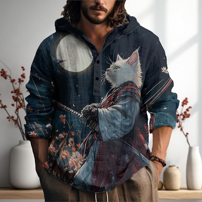 MARSVOVO Mens Japanese Art Long Sleeve Hooded Shirts Lightweight Quarter Button Hoodie Casual Cool Tops for Spring Fall