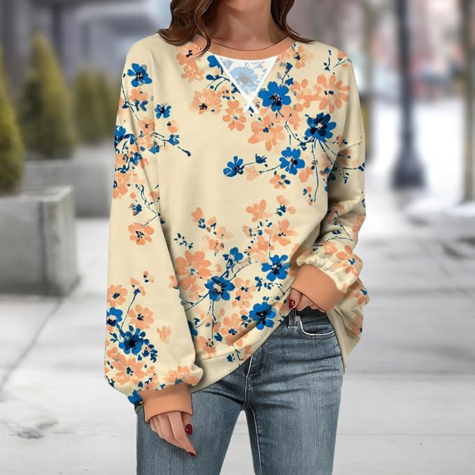 Womens Sweatshirts Fahsion Floral Print Long Sleeve Comfy Fall Tops Oversized Casual Crewneck Pullover Shirts