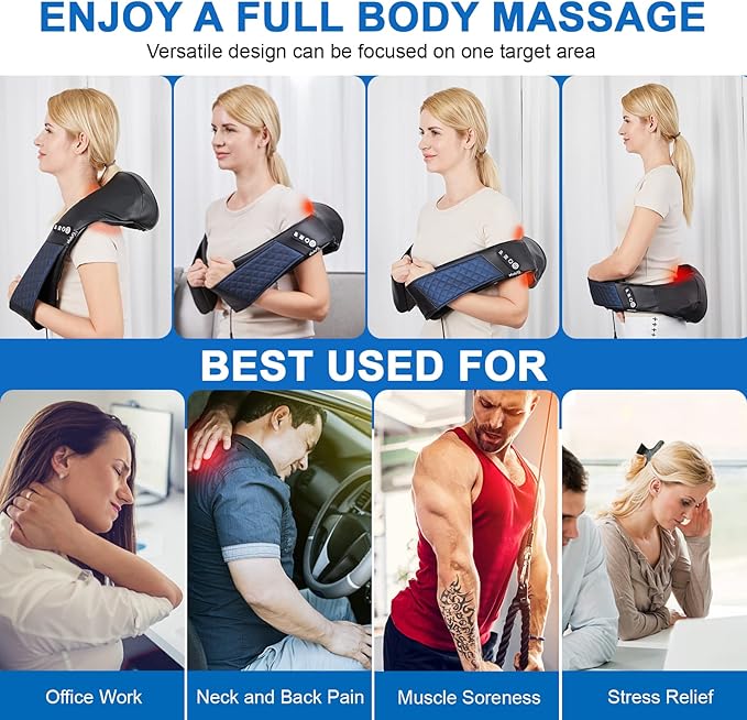 Neck and Shoulder Massager with Heat Shiatsu Back Massage Pillow with 3D Deep Tissue Kneading for Foot, Legs, Body Muscle Pain Relief, Use at Home, Office & Car