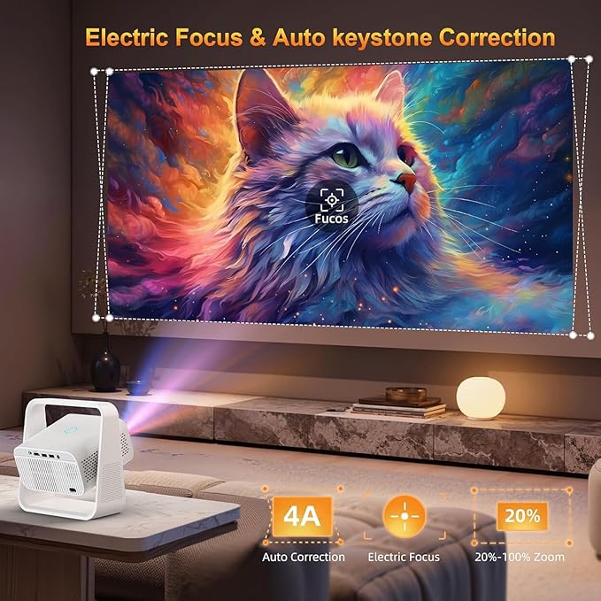 Smart Projector with WiFi and Bluetooth, Built-in Apps, Electric Focus & Auto Keystone Portable Outdoor Projecor, Native 1080P Projector 4K Support, Movie Projector for Home Theater (25000LM）
