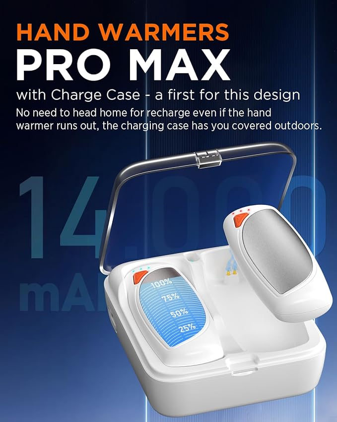 Hand Warmers Rechargeable with Charge Case, 2 Packs 14,000mAh Electric Hand Warmer Battery Powered Dual Sided Reusable Long Battery Life Portable Pocket Heater Gifts for Men Women Golf, Hunting Gear