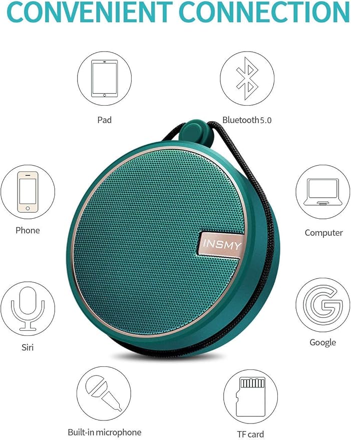 INSMY C12 IPX7 Waterproof Shower Bluetooth Speaker, Portable Small Speaker, Speakers Bluetooth Wireless Loud Clear Sound, Support TF Card Suction Cup for Kayak Canoe Beach Gift (Teal)
