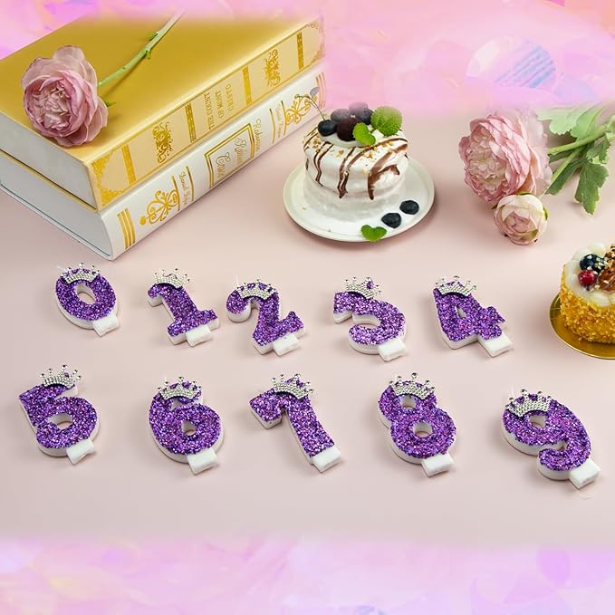 Birthday Number Candles,Purple Crown Birthday Candles for Cake,Glitter Number 4 Candle Cake Topper with Sequins for Anniversary Celebrations Supplies (Number 4)