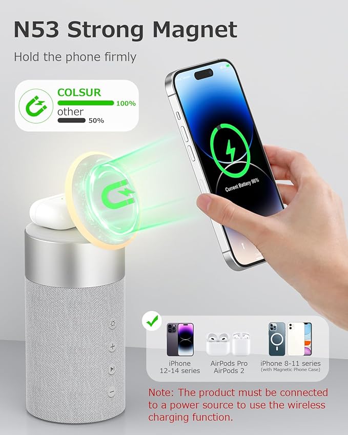 COLSUR Bluetooth Speaker with Night Light - 3 in 1 Magnetic Wireless Charger for iPhone 17/16/15/14/13/12 Series, AirPods Pro 2/4/3/2，Gifts for Men& Women