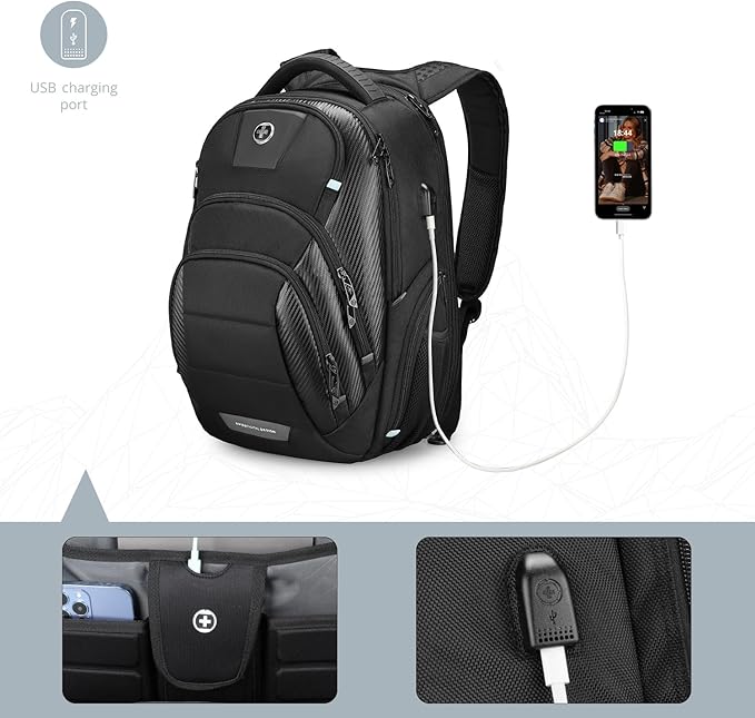 Swissdigital Design Men's 17 Inch Laptop Backpack with Apple Find My Network and USB Charging Port, Large Capacity Business Travel Backpack for College and Business Black | SD1643FB-01